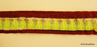 Maroon Fabric Trim With Green And White Embroidery, Approx. 43mm wide